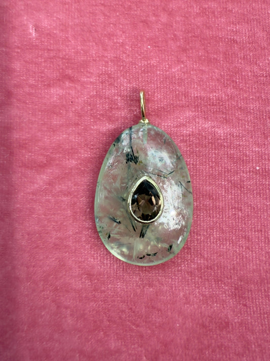 Prehnite and smokey quartz pendant